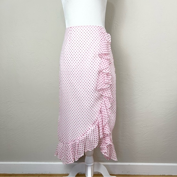 Lovers + Friends Suffolk Pink White Polka Dot Ruffle Midi Skirt Size Medium - Picture 1 of 14